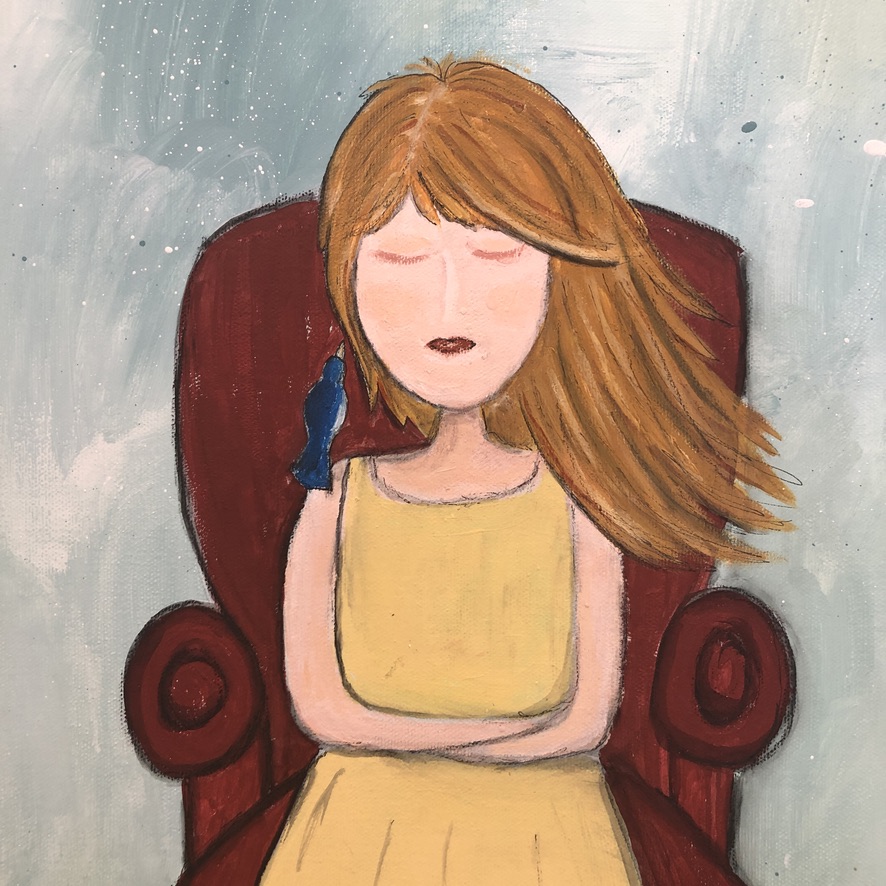 A young woman in a yellow dress sits in a deep red wing-back chair, eyes closed, hands folded in her lap. A small blue bird perches on her shoulder. Pale grey-blue background with soft white speckles.