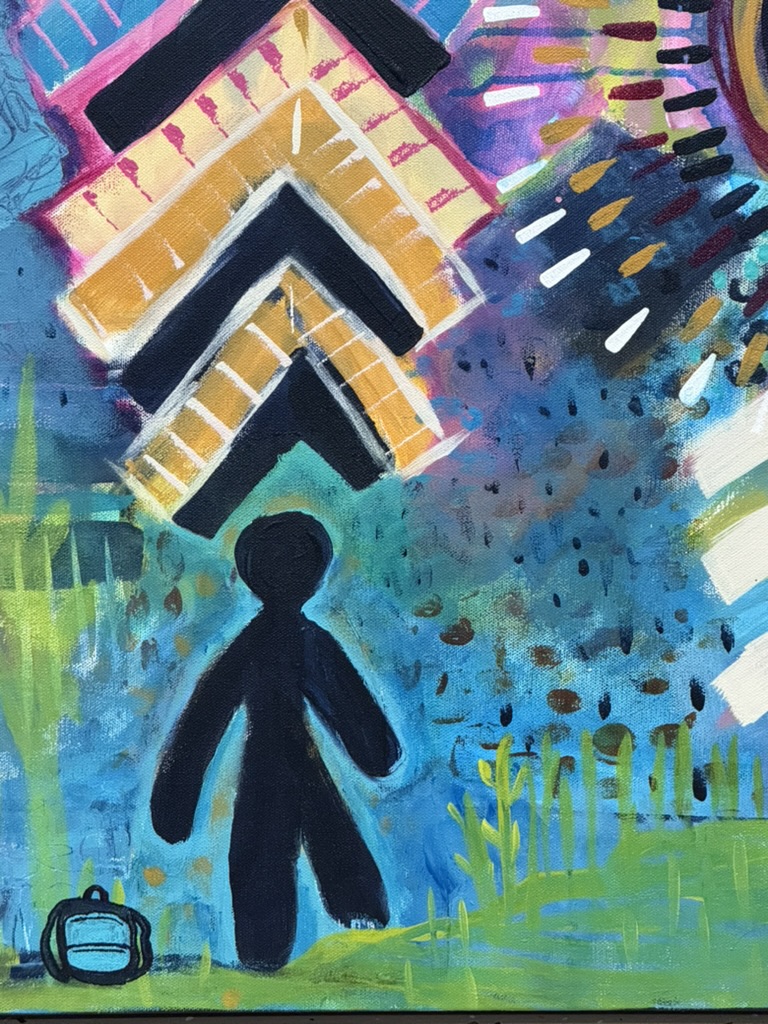 A bold-color painting: a small dark figure walks across a green grass strip, carrying a backpack, beneath floating geometric chevrons of yellow and pink against a stippled blue sky.