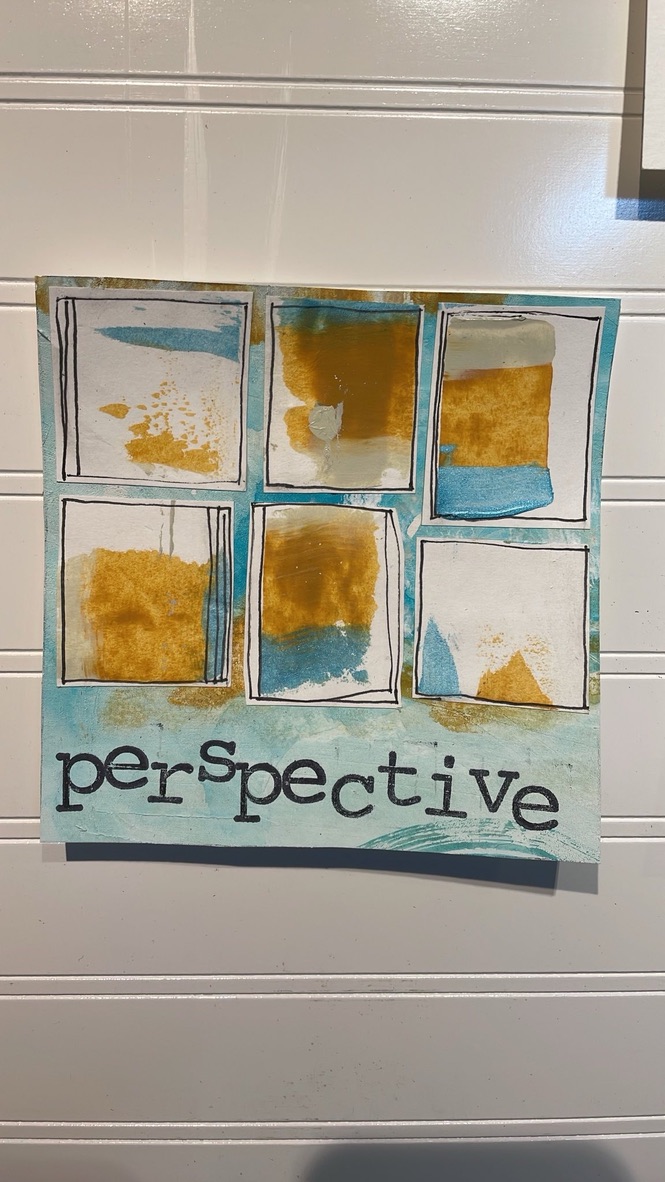 Six hand-drawn rectangular frames floating on a turquoise wash, each holding a small abstract gesture in mustard, ochre, and pale blue. The word “perspective” is stamped in lowercase serif at the bottom.