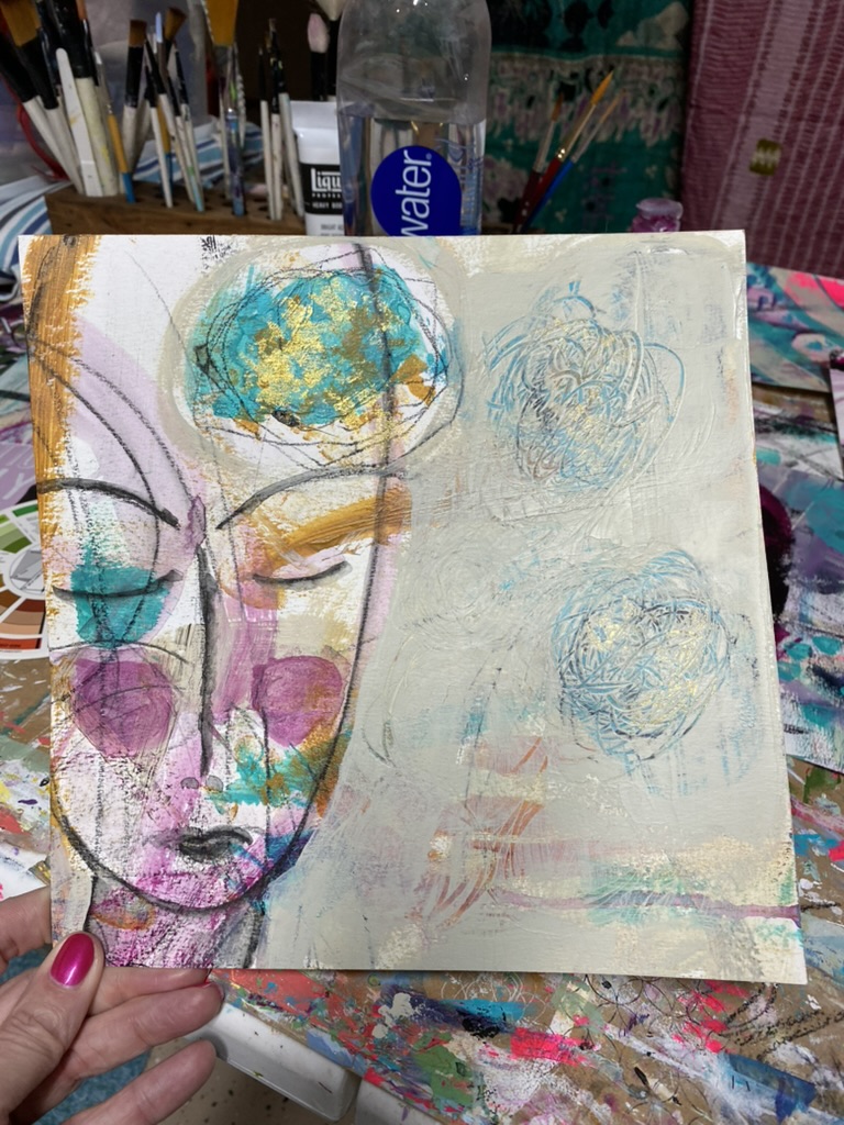 A face study on a pale ground: a woman in profile with closed eyes, soft pink and lavender across the cheek, a teal and gold dome of color above her brow, with two scribbled rose-like forms drifting to the right.