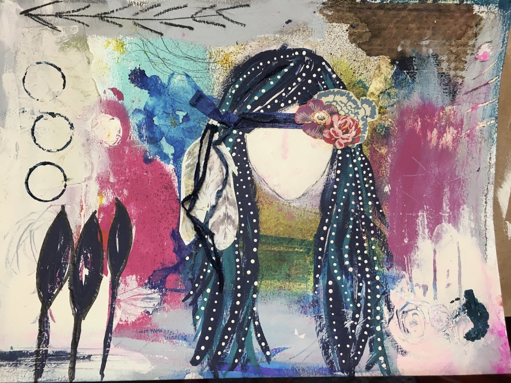 A figure in profile with long dotted ribbons cascading from a flower-and-feather headpiece, on a soft pink and white background washed with blue and gold.