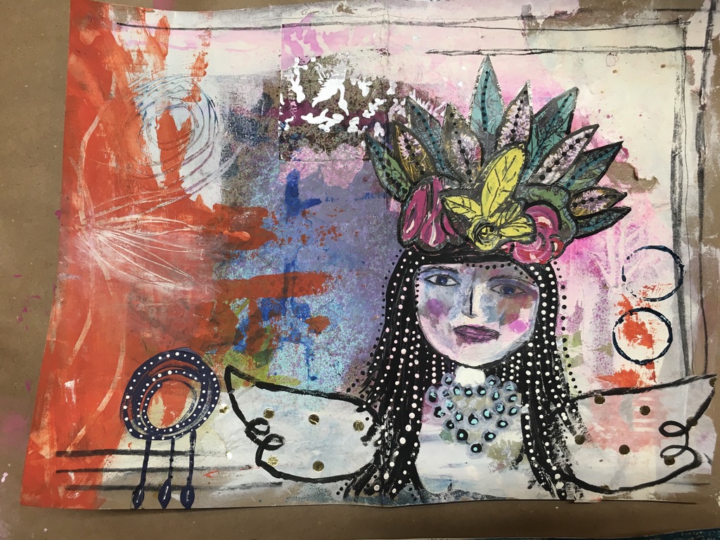 A folk portrait on cream paper: a woman with long black dotted hair, wearing a tall headdress of stylized leaves and pink-and-yellow blooms, with patterned wing-like shapes spread to either side and a beaded collar.
